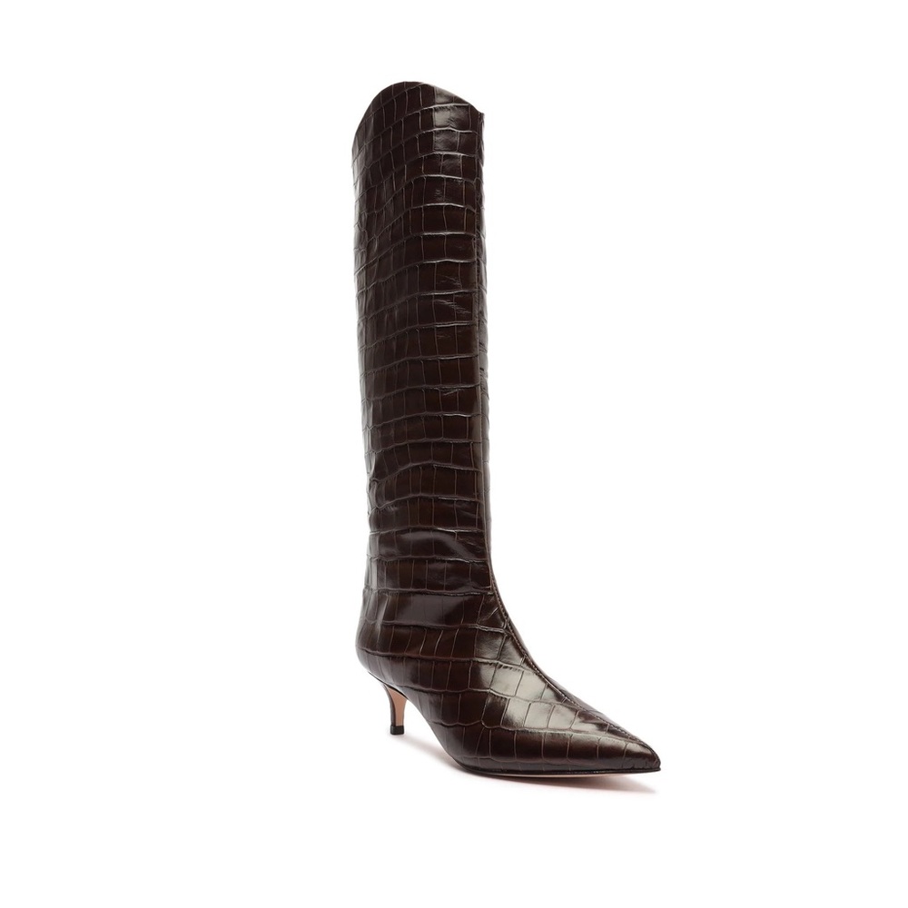 SCHUTZ Dark Brown Croc-Embossed Knee-High Pointed-Toe Kitten Heel Boots
